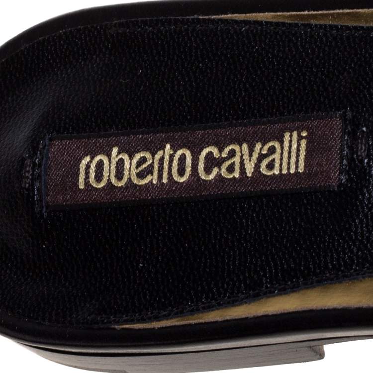 Pre Owned Roberto Cavalli Black Leather Logo And Stud Embellished Flat Sandals Size 36