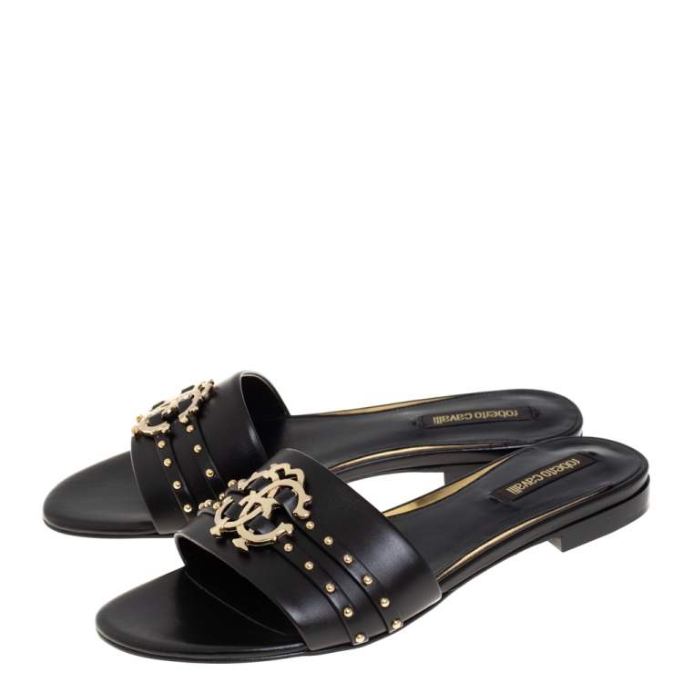 Pre Owned Roberto Cavalli Black Leather Logo And Stud Embellished Flat Sandals Size 36