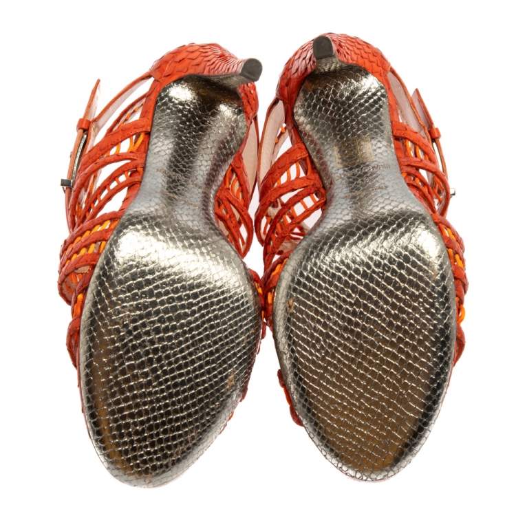 Pre Owned Roberto Cavalli Orange Python And Leather Cage Sandals Size 40