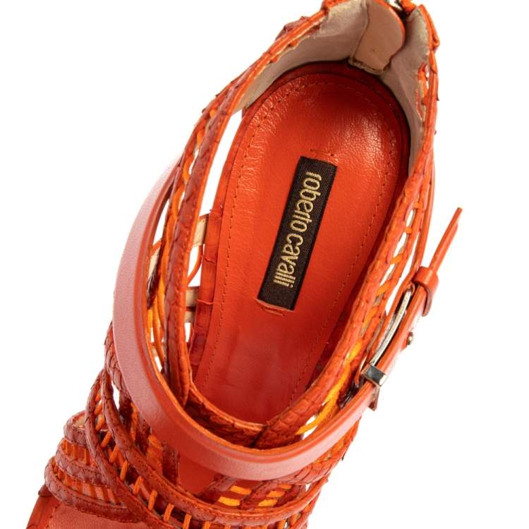 Pre Owned Roberto Cavalli Orange Python And Leather Cage Sandals Size 40