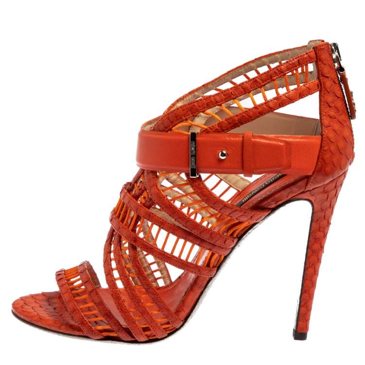 Pre Owned Roberto Cavalli Orange Python And Leather Cage Sandals Size 40