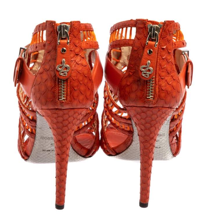 Pre Owned Roberto Cavalli Orange Python And Leather Cage Sandals Size 40