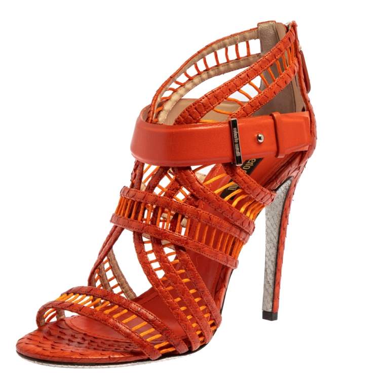 Pre Owned Roberto Cavalli Orange Python And Leather Cage Sandals Size 40