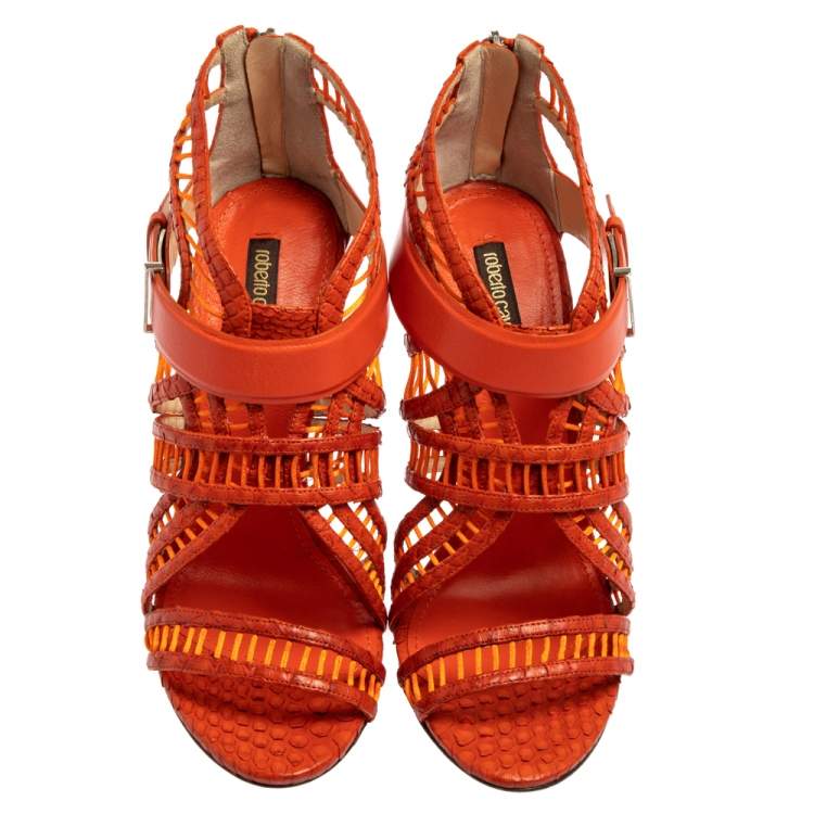 Pre Owned Roberto Cavalli Orange Python And Leather Cage Sandals Size 40