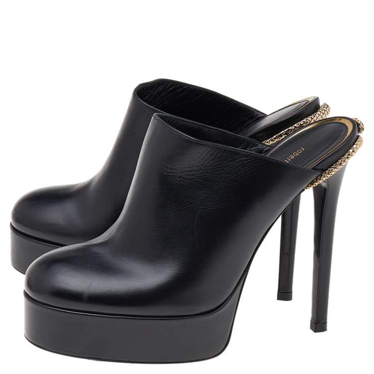 Pre Owned Roberto Cavalli Black Leather Platform Mule Sandals Size 37