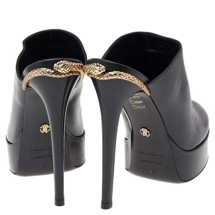 Pre Owned Roberto Cavalli Black Leather Platform Mule Sandals Size 37
