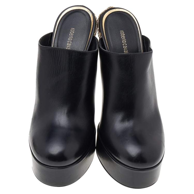 Pre Owned Roberto Cavalli Black Leather Platform Mule Sandals Size 37