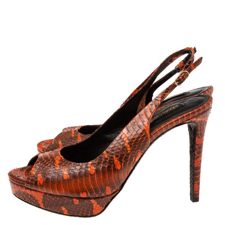 Pre Owned Roberto Cavalli Orange/Brown Water Snake Slingback Sandals Size 38.5