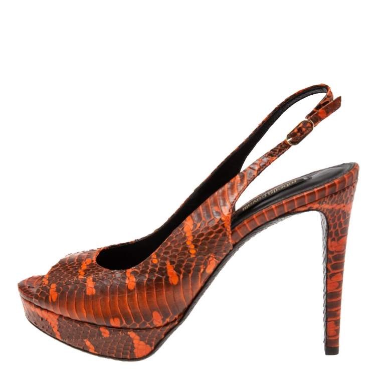 Pre Owned Roberto Cavalli Orange/Brown Water Snake Slingback Sandals Size 38.5