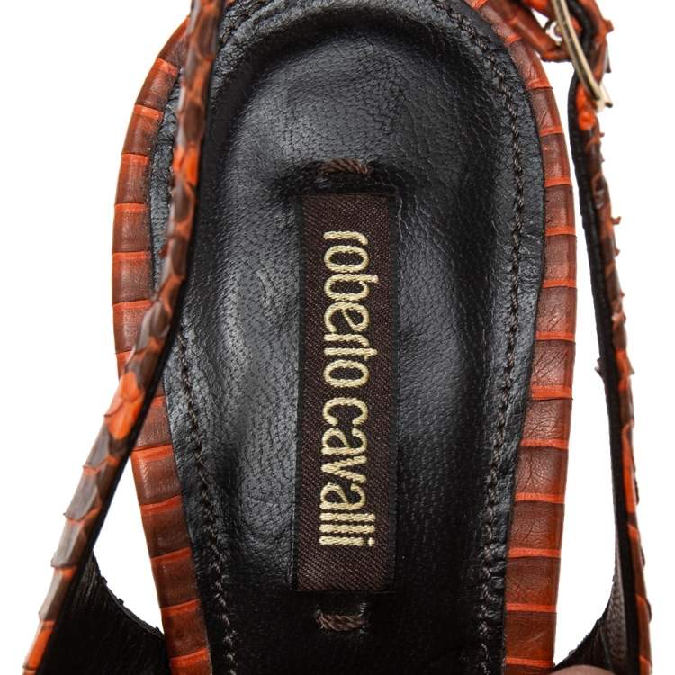 Pre Owned Roberto Cavalli Orange/Brown Water Snake Slingback Sandals Size 38.5