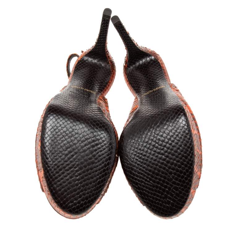 Pre Owned Roberto Cavalli Orange/Brown Water Snake Slingback Sandals Size 38.5