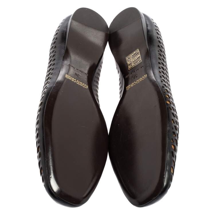 Pre Owned Roberto Cavalli Black/Beige Laser Cut Leather and Printed Satin Ballet Flats Size 38