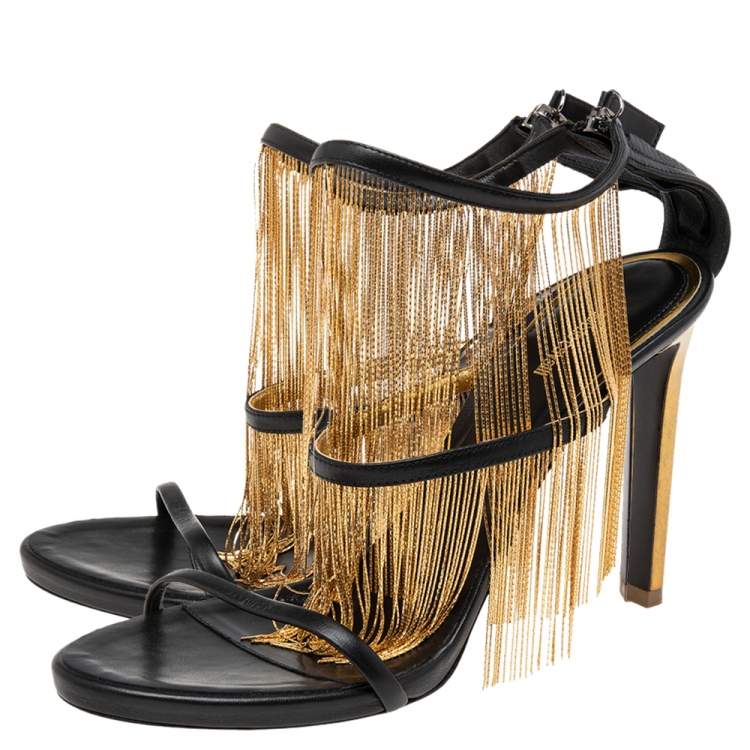 Pre Owned Roberto Cavalli Black Leather Chain Embellished Ankle Strap Sandals Size 40
