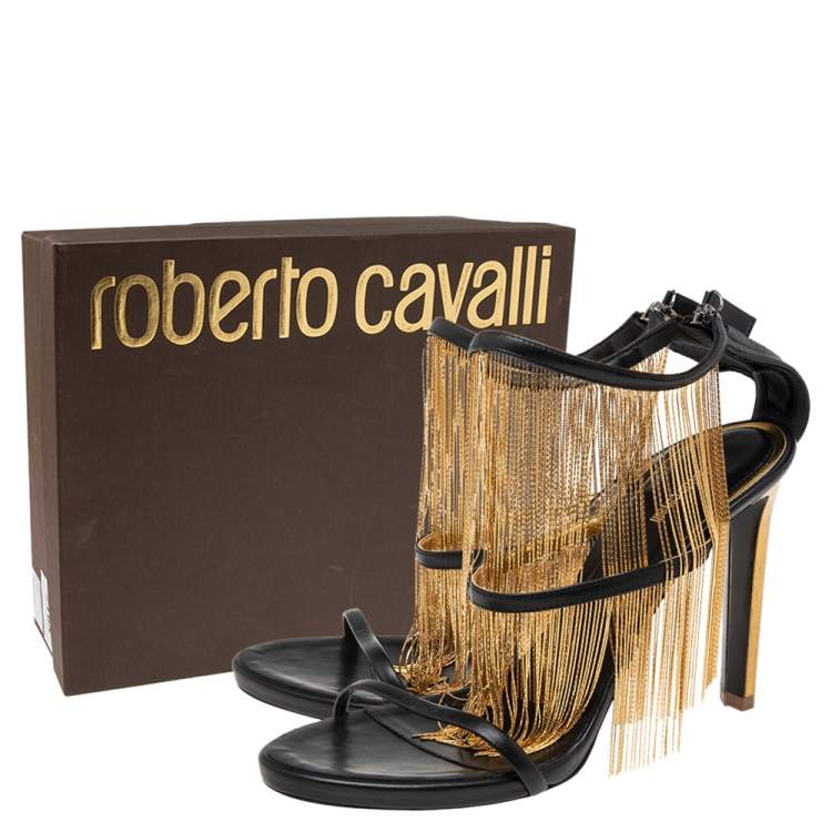 Pre Owned Roberto Cavalli Black Leather Chain Embellished Ankle Strap Sandals Size 40