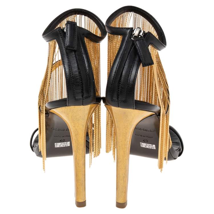 Pre Owned Roberto Cavalli Black Leather Chain Embellished Ankle Strap Sandals Size 40