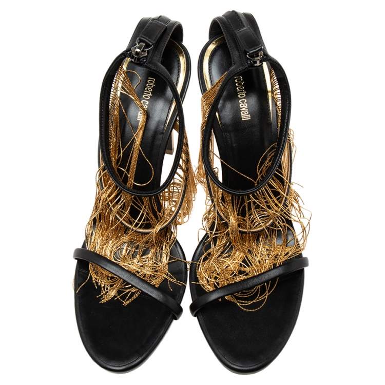 Pre Owned Roberto Cavalli Black Leather Chain Embellished Ankle Strap Sandals Size 40