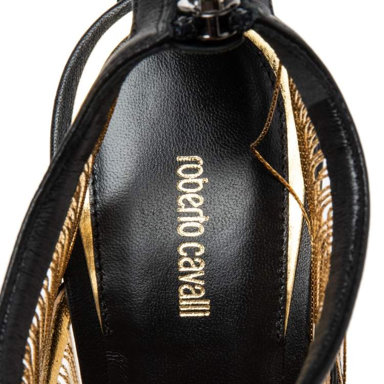 Pre Owned Roberto Cavalli Black Leather Chain Embellished Ankle Strap Sandals Size 40