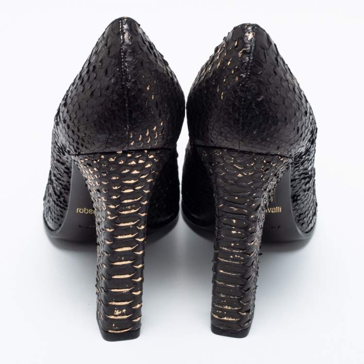 Pre Owned Roberto Cavalli Black/Gold Python Leather Pumps Size 38.5