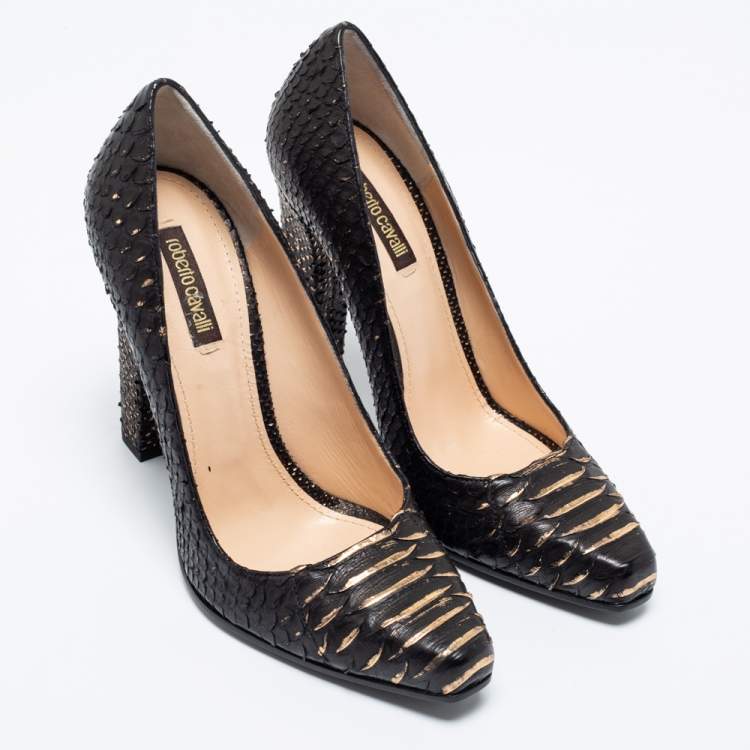 Pre Owned Roberto Cavalli Black/Gold Python Leather Pumps Size 38.5