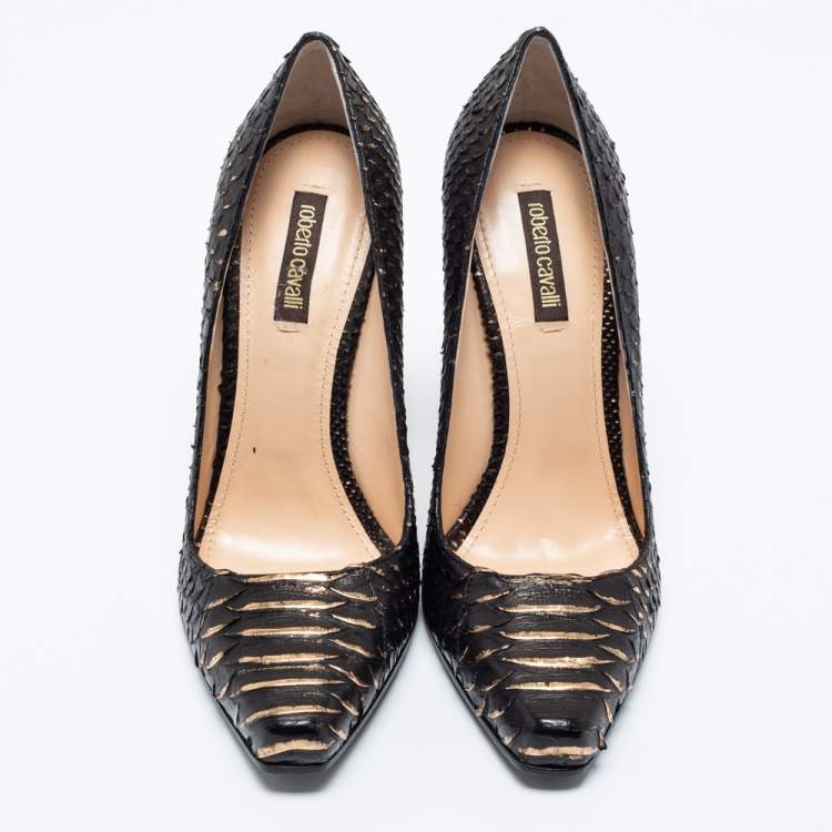 Pre Owned Roberto Cavalli Black/Gold Python Leather Pumps Size 38.5