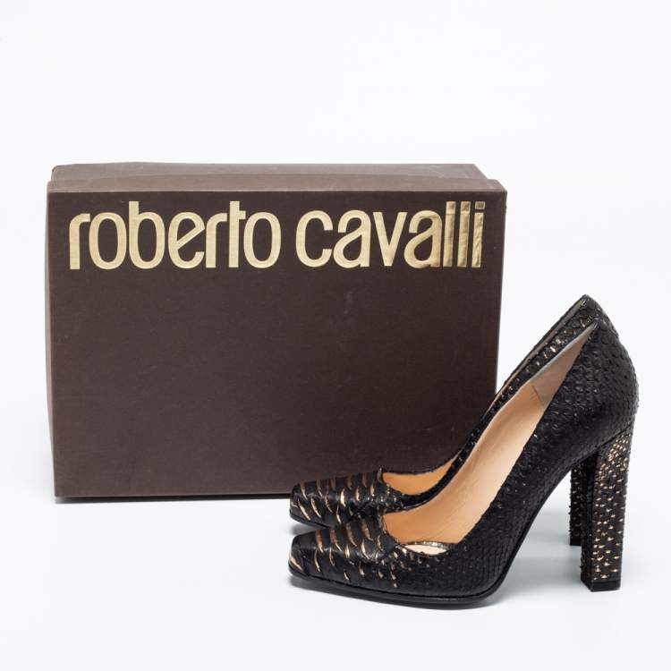 Pre Owned Roberto Cavalli Black/Gold Python Leather Pumps Size 38.5