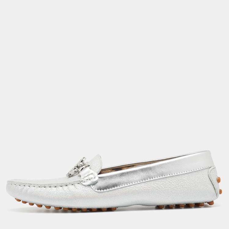 Pre Owned Roberto Cavalli Metallic Silver Iridescent Leather Slip On Loafers Size 39