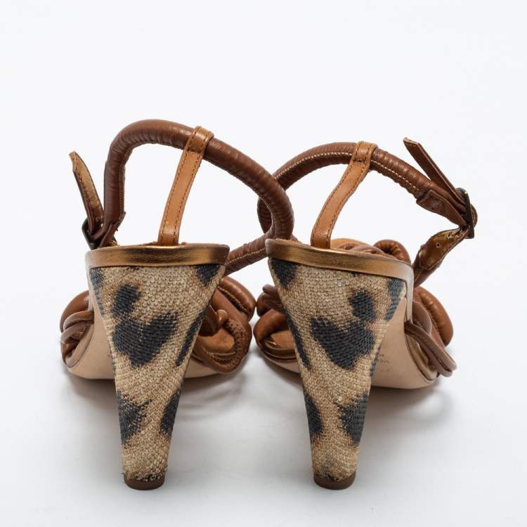 Pre Owned Roberto Cavalli Brown Knotted Leather Ankle Strap Sandals Size 39.5