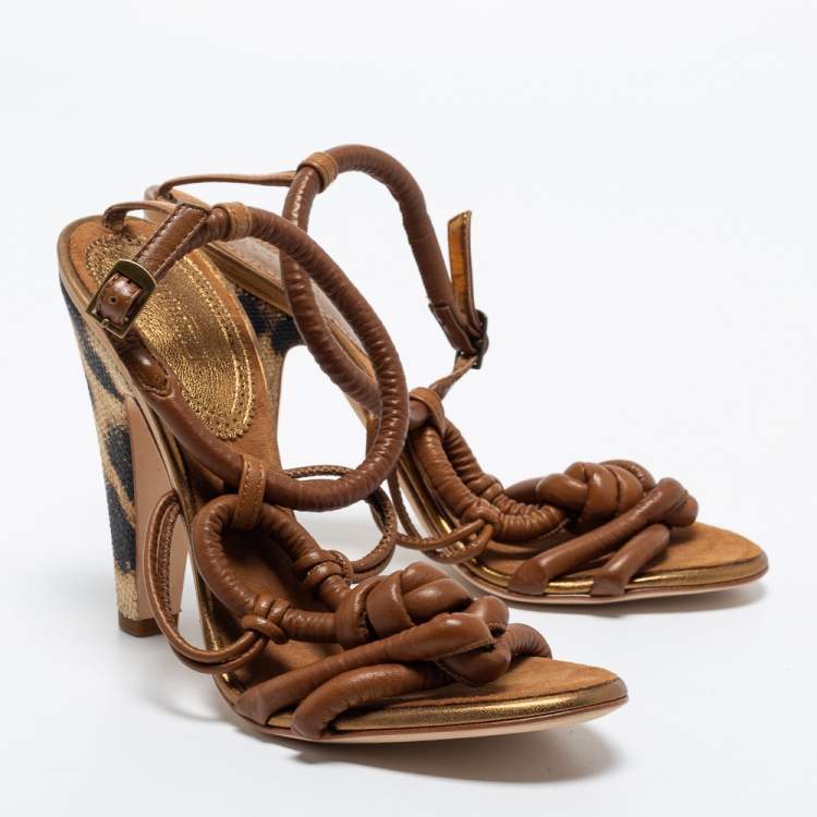 Pre Owned Roberto Cavalli Brown Knotted Leather Ankle Strap Sandals Size 39.5