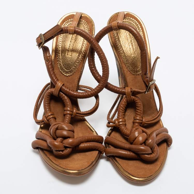 Pre Owned Roberto Cavalli Brown Knotted Leather Ankle Strap Sandals Size 39.5