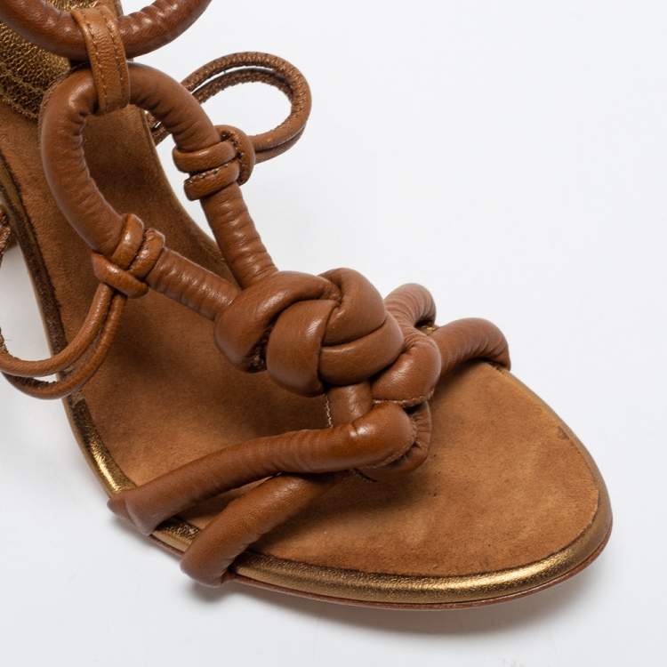 Pre Owned Roberto Cavalli Brown Knotted Leather Ankle Strap Sandals Size 39.5