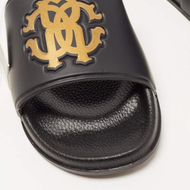 Pre Owned Roberto Cavalli Black Rubber Flat Slides Size 38