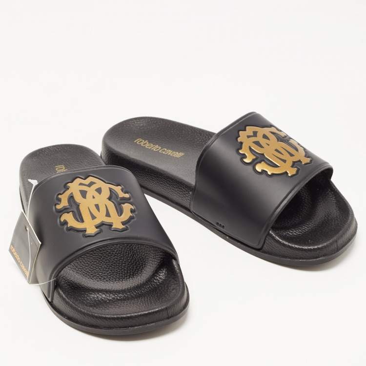 Pre Owned Roberto Cavalli Black Rubber Flat Slides Size 38