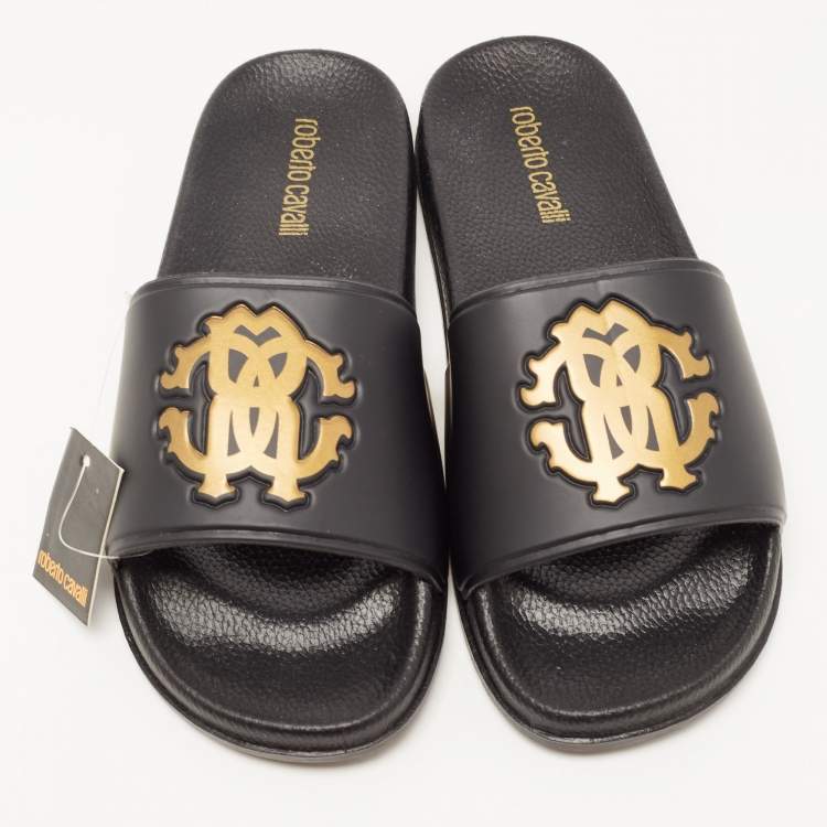 Pre Owned Roberto Cavalli Black Rubber Flat Slides Size 38