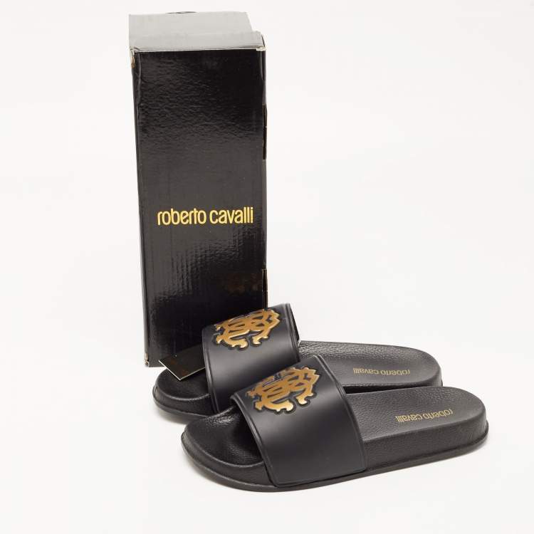 Pre Owned Roberto Cavalli Black Rubber Flat Slides Size 38
