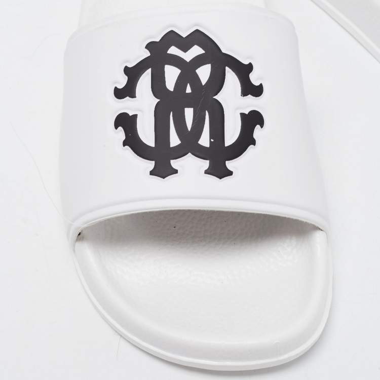 Pre Owned Roberto Cavalli White Rubber Flat Slides Size 39