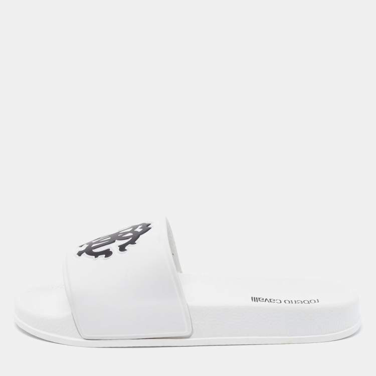 Pre Owned Roberto Cavalli White Rubber Flat Slides Size 39