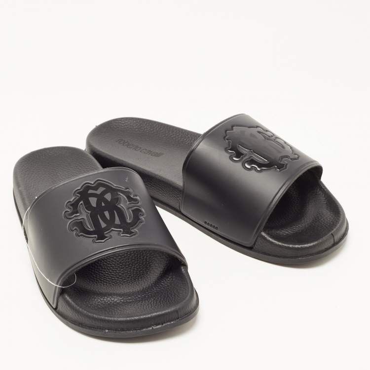 Pre Owned Roberto Cavalli Black Rubber Flat Slides Size 42
