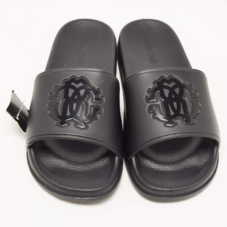 Pre Owned Roberto Cavalli Black Rubber Flat Slides Size 42