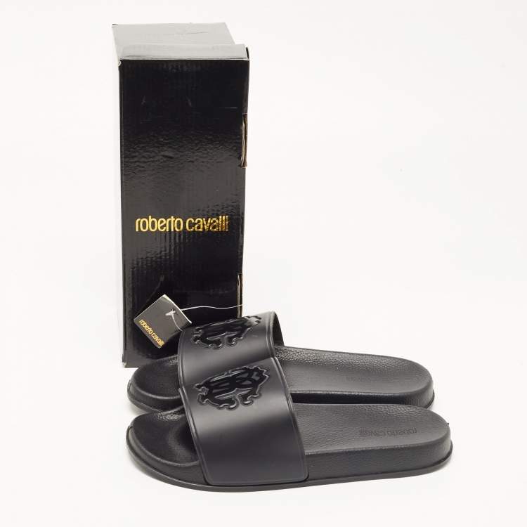 Pre Owned Roberto Cavalli Black Rubber Flat Slides Size 42