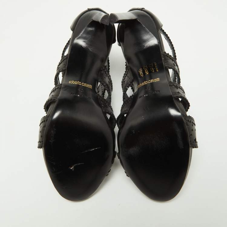 Pre Owned Roberto Cavalli Black Laser Cut Leather Ankle Strap Sandals Size 40 