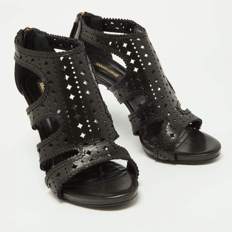Pre Owned Roberto Cavalli Black Laser Cut Leather Ankle Strap Sandals Size 40 