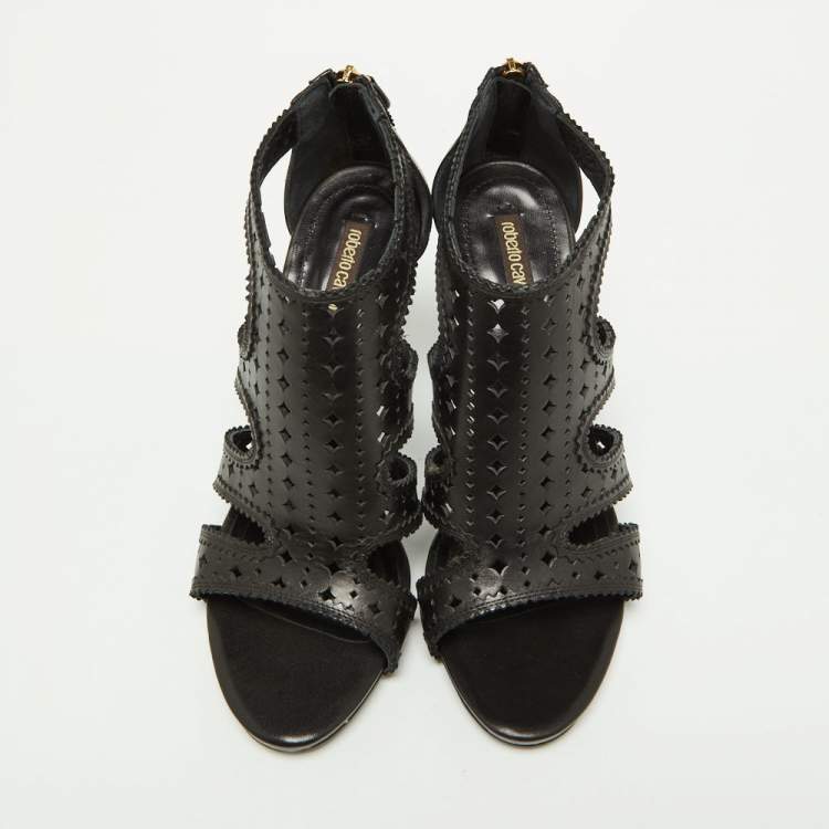 Pre Owned Roberto Cavalli Black Laser Cut Leather Ankle Strap Sandals Size 40 