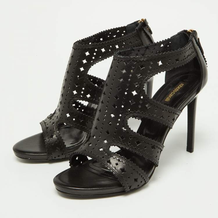 Pre Owned Roberto Cavalli Black Laser Cut Leather Ankle Strap Sandals Size 40 