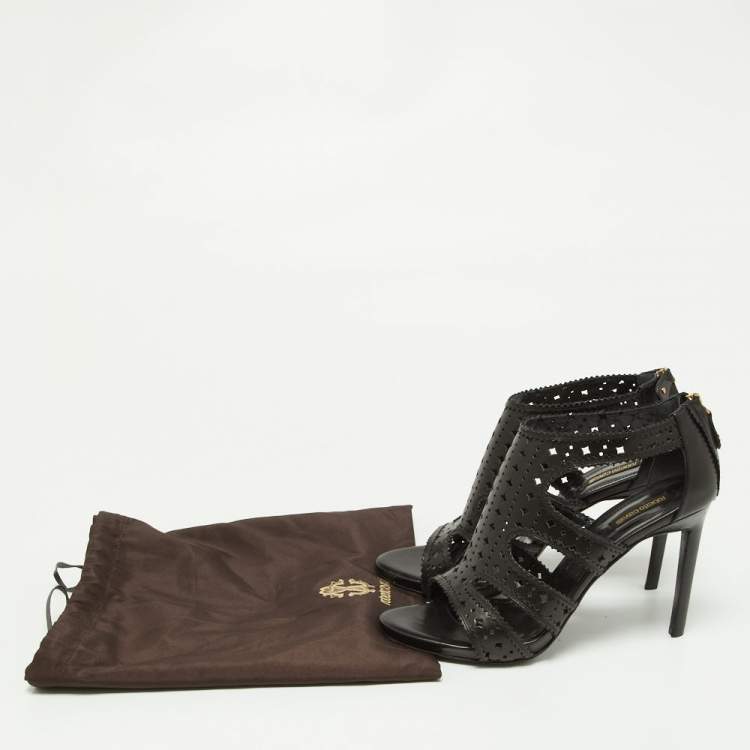 Pre Owned Roberto Cavalli Black Laser Cut Leather Ankle Strap Sandals Size 40 