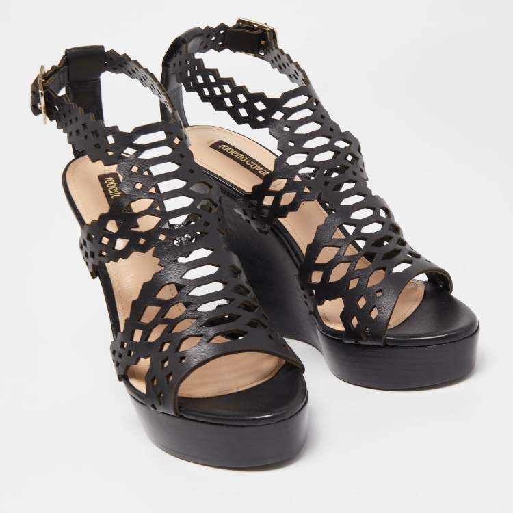 Pre Owned Roberto Cavalli Black Laser Cut Leather Ankle Strap Wedge Sandals Size 37