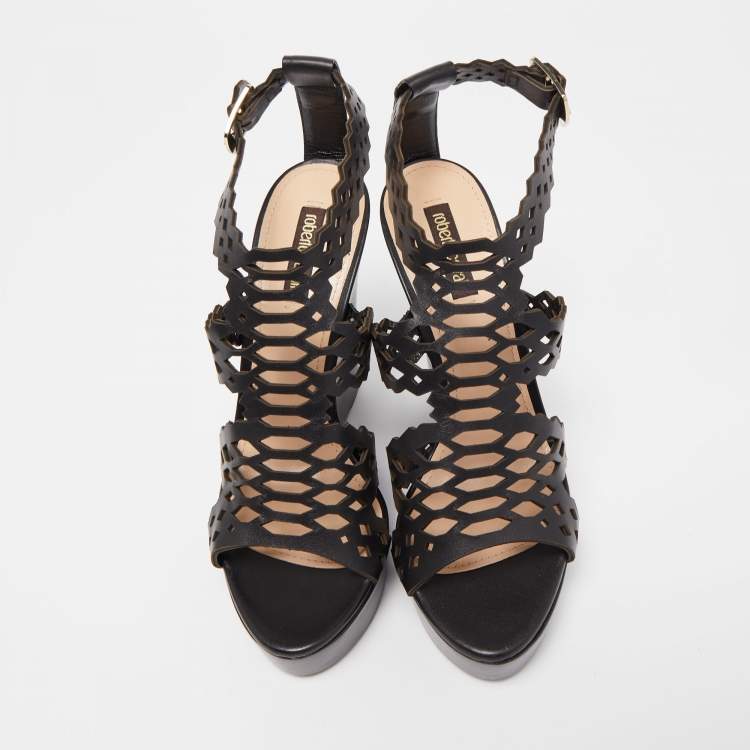 Pre Owned Roberto Cavalli Black Laser Cut Leather Ankle Strap Wedge Sandals Size 37