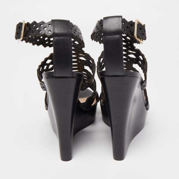 Pre Owned Roberto Cavalli Black Laser Cut Leather Ankle Strap Wedge Sandals Size 37