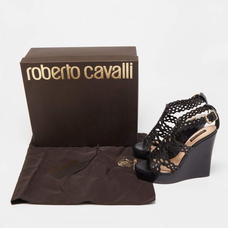Pre Owned Roberto Cavalli Black Laser Cut Leather Ankle Strap Wedge Sandals Size 37
