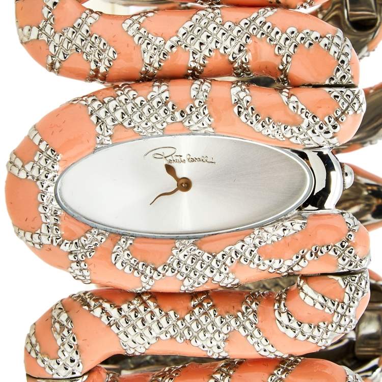 Pre Owned Roberto Cavalli Silver Enamel Stainless Steel Cleopatra R7253195525 Women's Wristwatch 40 mm