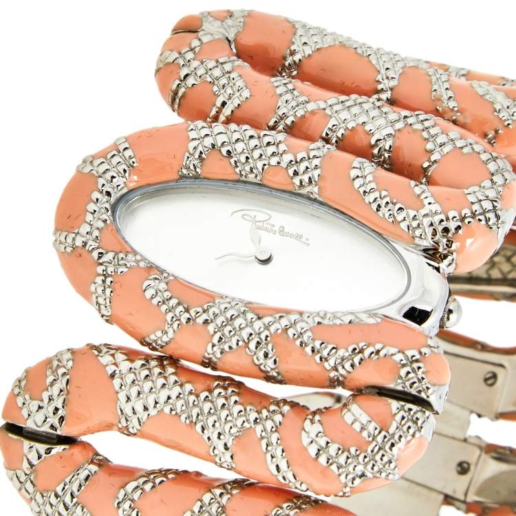 Pre Owned Roberto Cavalli Silver Enamel Stainless Steel Cleopatra R7253195525 Women's Wristwatch 40 mm